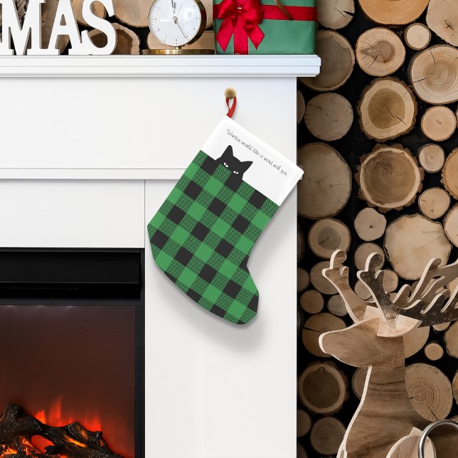 Sneaky Cat Buffalo Check Green Plaid Small Christmas Stocking (Creator Uploaded)