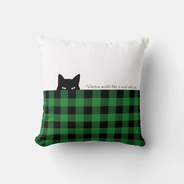 Sneaky Cat Bufflo Check Green Plaid Throw Pillow (Front)