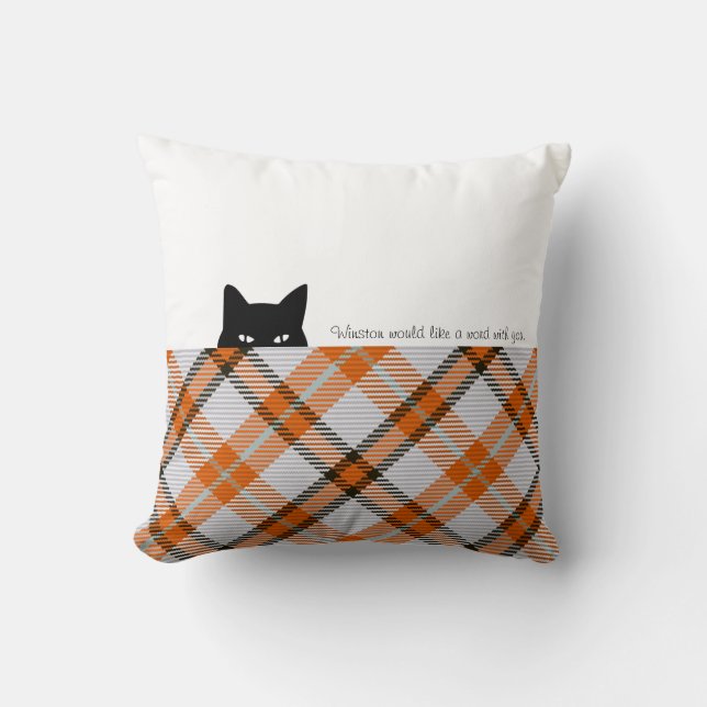 Sneaky Cat Madras Check Orange Grey Throw Pillow (Front)