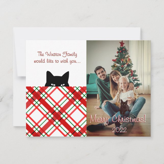 Sneaky Cat Madras Check Plaid Christmas Card (Front)