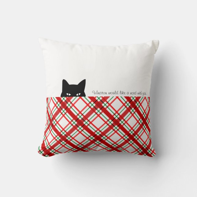 Sneaky Cat Madras Check Plaid Throw Pillow (Front)