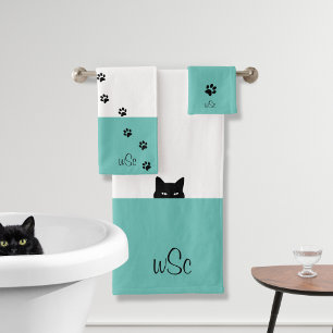 Sneaky Cat Monogram Teal Bath Towel Set