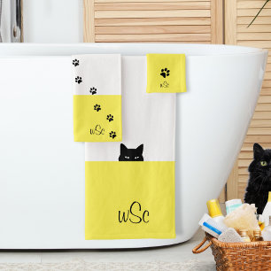 Sneaky Cat Monogram Yellow Bath Towel Set