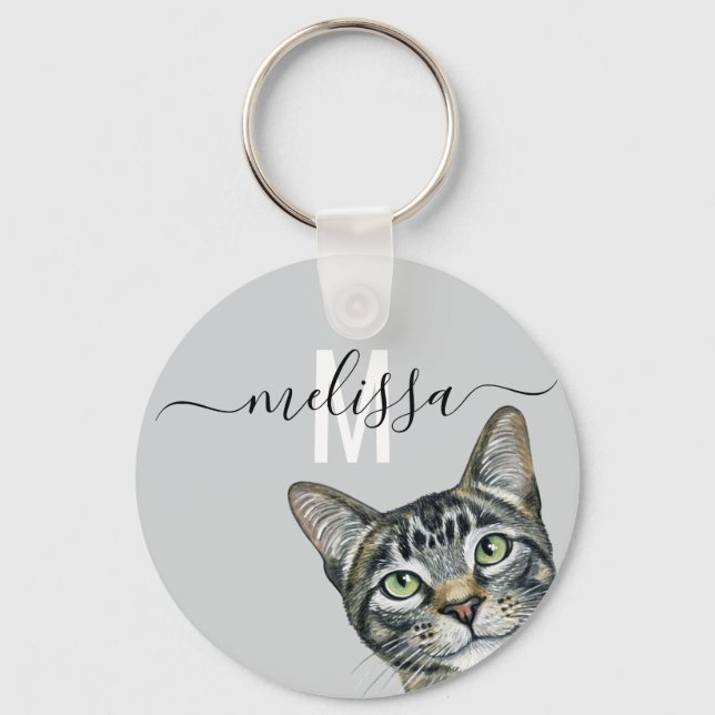 Sneaky Cat  Watercolor Monogram Name   Keychain (Front)