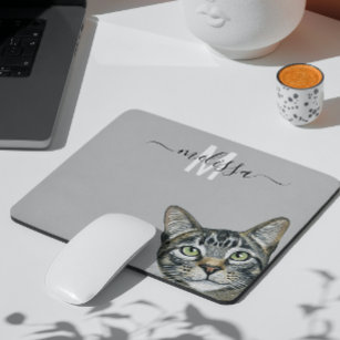 Sneaky Cat  Watercolor Monogram Name  Mouse Pad
