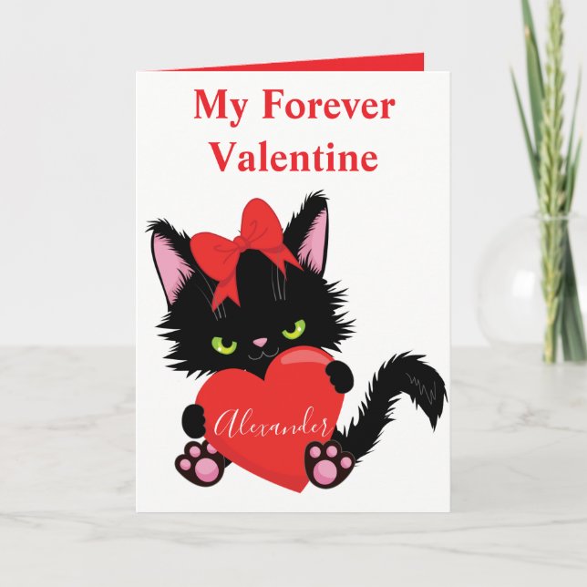 Sneaky Kitten White and Red Valentine Heart Holiday Card (Front)
