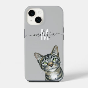Sneaky Peeking Cat Monogram Name iPhone 14 Case