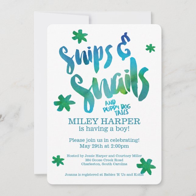 Snips and Snails Watercolor Baby Shower Invitation (Front)