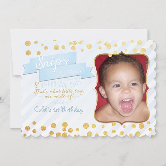 Snips & Snails Blue & Gold Party Photo Invitations (Front)