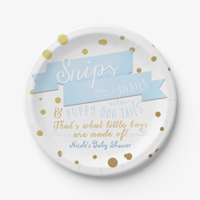 Snips & Snails Boys Blue & Gold Baby Shower Plates (Front)