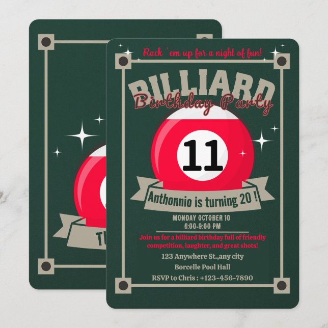 Snooker Invite Pool Birthday Party Billiards Ball (Front/Back)