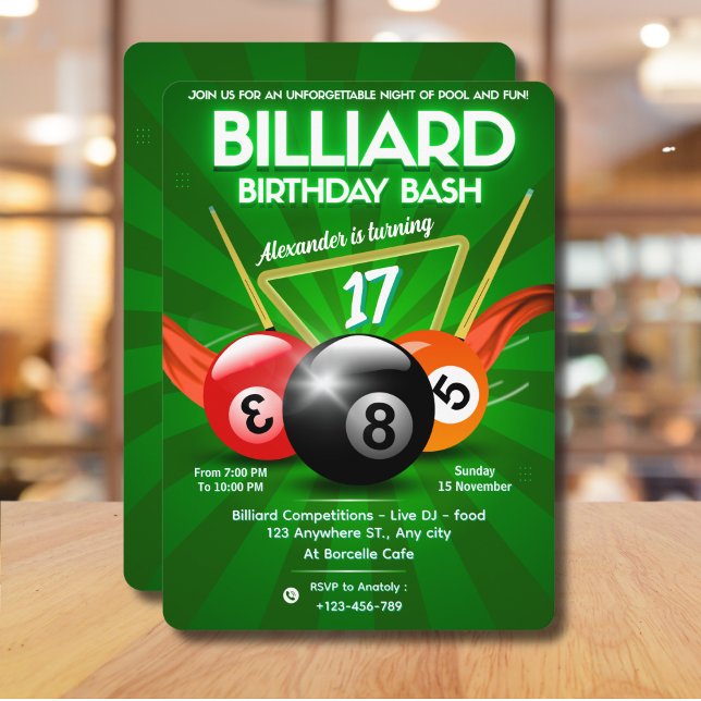 Snooker Pool Table Billiards Birthday Party  Invitation (Creator Uploaded)