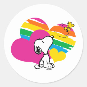 Snoopy and Woodstock   Rainbow Hearts Classic Round Sticker
