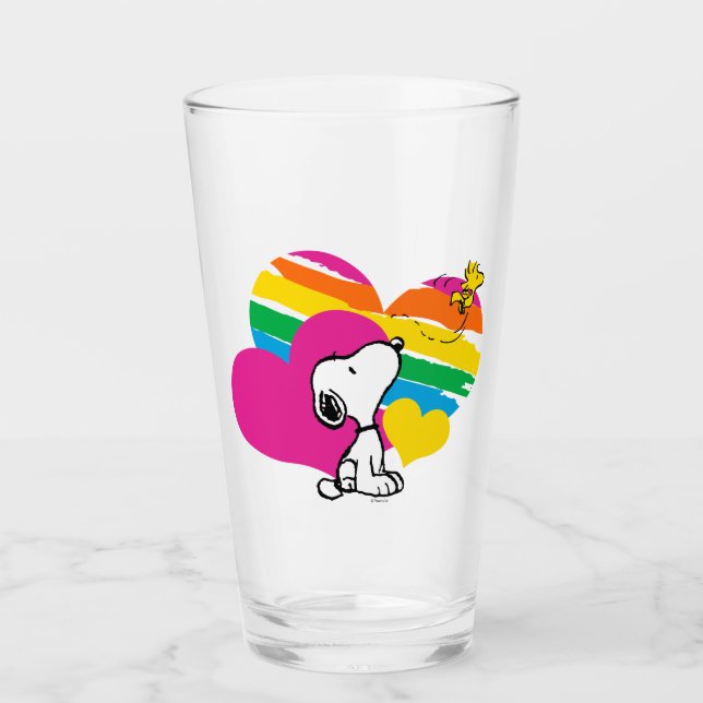 Snoopy and Woodstock | Rainbow Hearts Glass (Front)