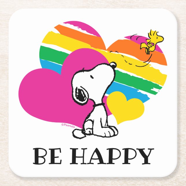 Snoopy and Woodstock | Rainbow Hearts Square Paper Coaster (Front)
