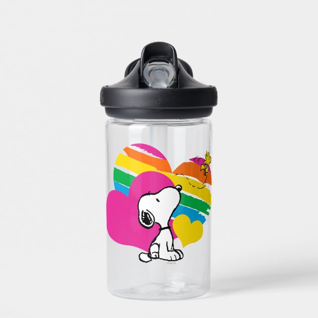 Snoopy and Woodstock | Rainbow Hearts Water Bottle (Front)