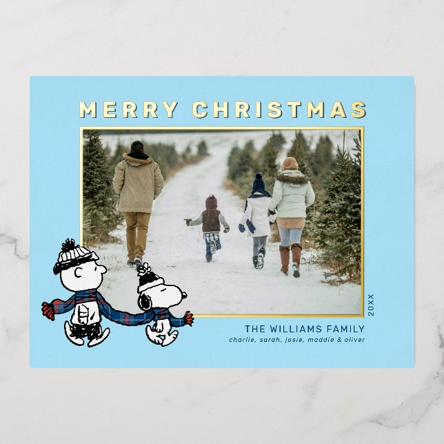 Snoopy & Charlie Winter Scarf Christmas Photo Foil Holiday Postcard (Front)