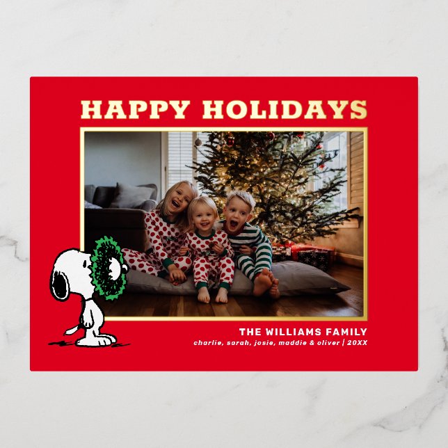Snoopy Christmas Family Photo Foil Holiday Postcard (Front)