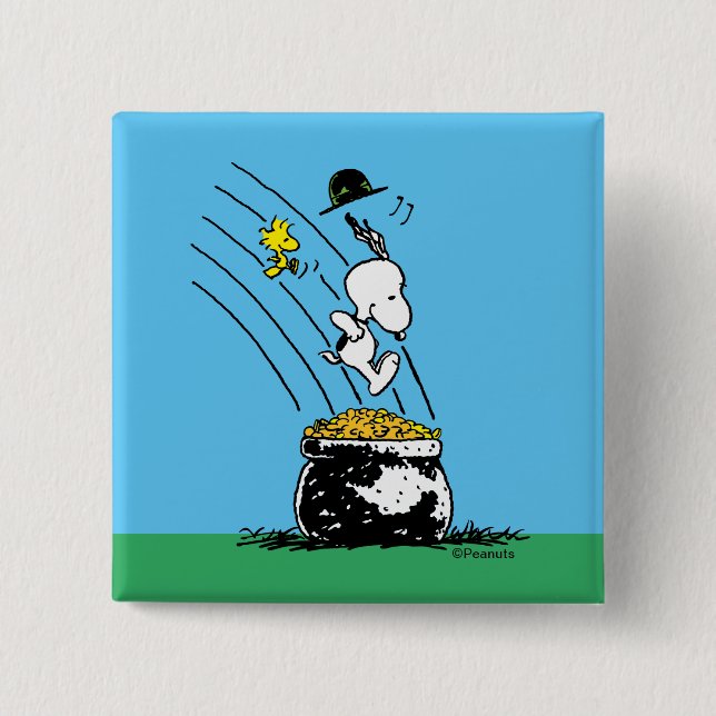 Snoopy Jumping into Pot of Gold 2 Inch Square Button (Front)