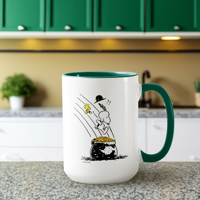 Snoopy Jumping into Pot of Gold Mug (Mug on counter)