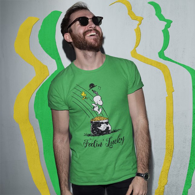 Snoopy Jumping into Pot of Gold T-Shirt (Person wearing t=shirt)