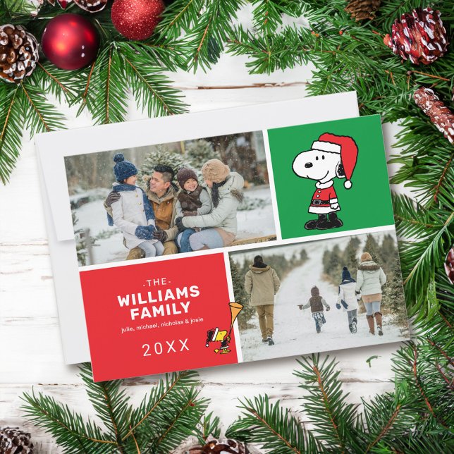 Snoopy Santa Claus Christmas Family Photo Collage Holiday Card (Card on table)