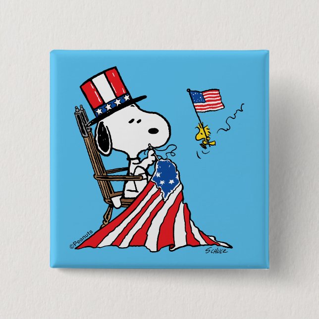Snoopy Sewing 4th of July Flag 2 Inch Square Button (Front)