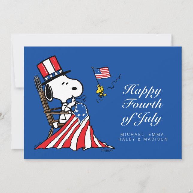 Snoopy Sewing 4th of July Flag Holiday Card (Front)