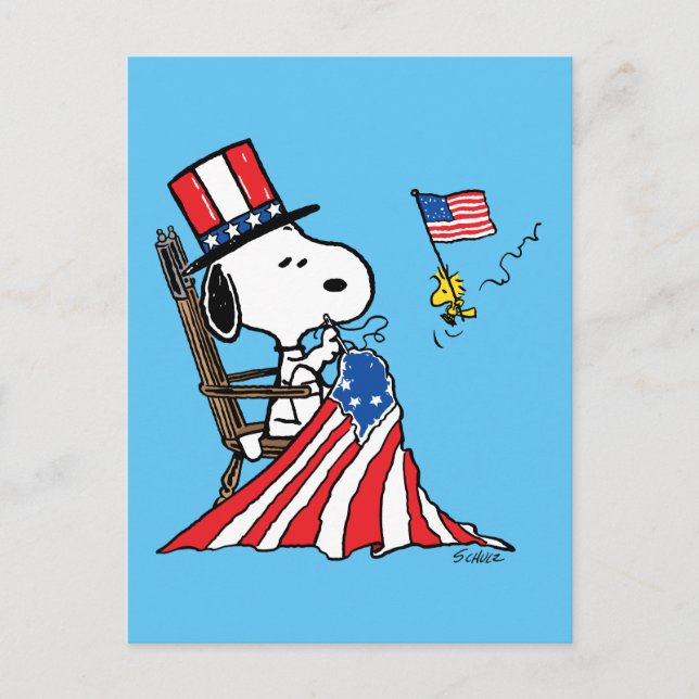 Snoopy Sewing 4th of July Flag Postcard (Front)