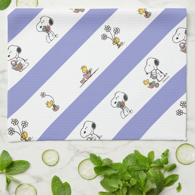 Snoopy & Woodstock Easter Stripe Pattern Kitchen Towel (Folded)