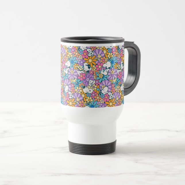 Snoopy & Woodstock Flower Pattern Travel Mug (Front Right)
