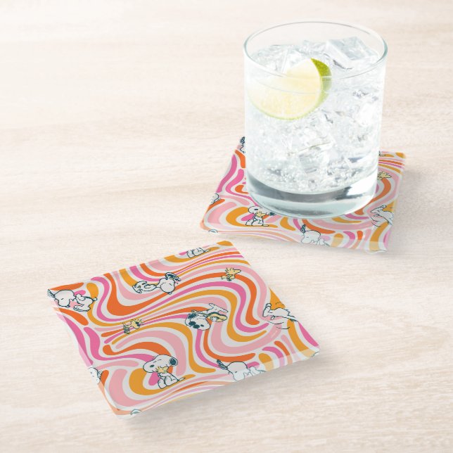 Snoopy & Woodstock Groovy Vibes Orange Pattern Glass Coaster (Angled)