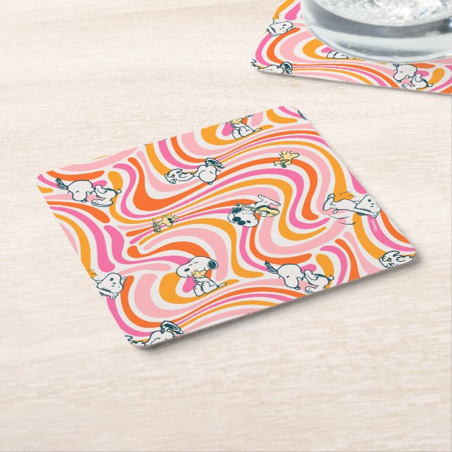 Snoopy & Woodstock Groovy Vibes Orange Pattern Square Paper Coaster (Angled)