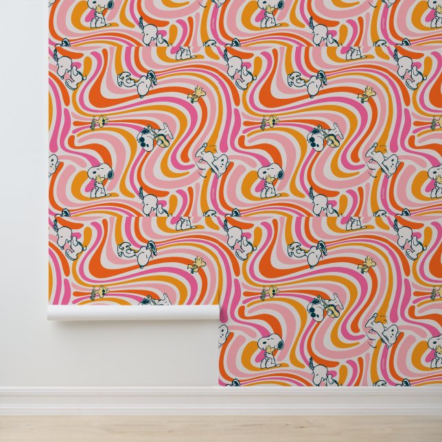 Snoopy & Woodstock Groovy Vibes Orange Pattern Wallpaper (Application)
