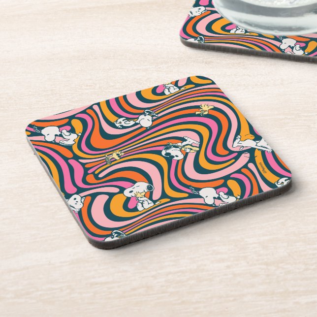Snoopy & Woodstock Groovy Vibes Purple Pattern Coaster (Left Side)