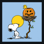 Snoopy & Woodstock Nest With Jack O' Lantern Poster<br><div class="desc">Celebrate Halloween with this charming design featuring Snoopy, the beloved beagle, gazing up at the warm glow of a full autumn moon. Woodstock sits cheerfully atop a playful jack-o'-lantern nestled in his tree-top perch. With classic Peanuts charm, this design captures the magic of the Halloween season, perfect for adding a...</div>