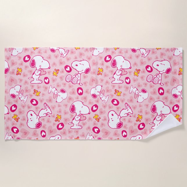 Snoopy & Woodstock Pink Hearts Pattern Beach Towel (Front)