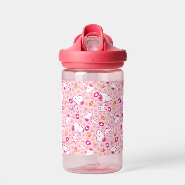 Snoopy & Woodstock Pink Hearts Pattern Water Bottle (Front)