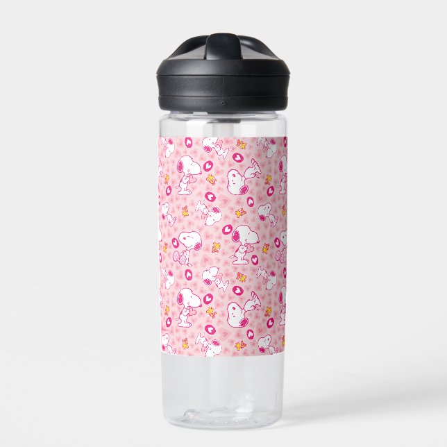 Snoopy & Woodstock Pink Hearts Pattern Water Bottle (Front)