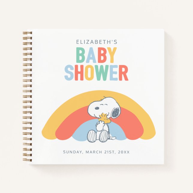 Snoopy & Woodstock Rainbow Baby Shower Guest List Notebook (Front)