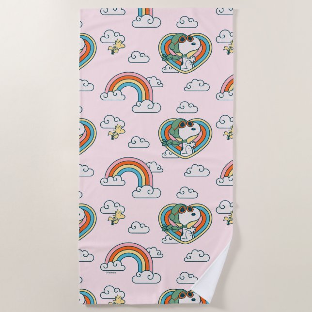 Snoopy & Woodstock Rainbow Heart Pattern Beach Towel (Front)