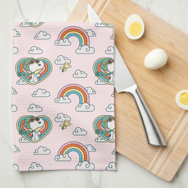 Snoopy & Woodstock Rainbow Heart Pattern Kitchen Towel (Quarter Fold)