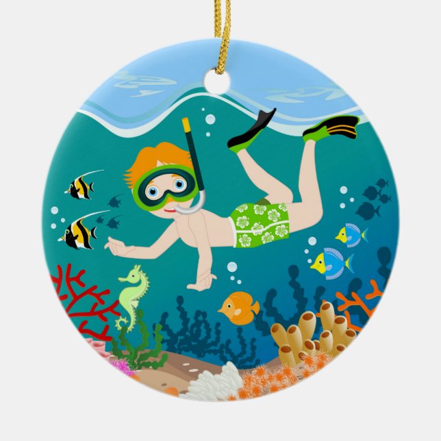Snorkeling boy under the sea ceramic ornament (Front)