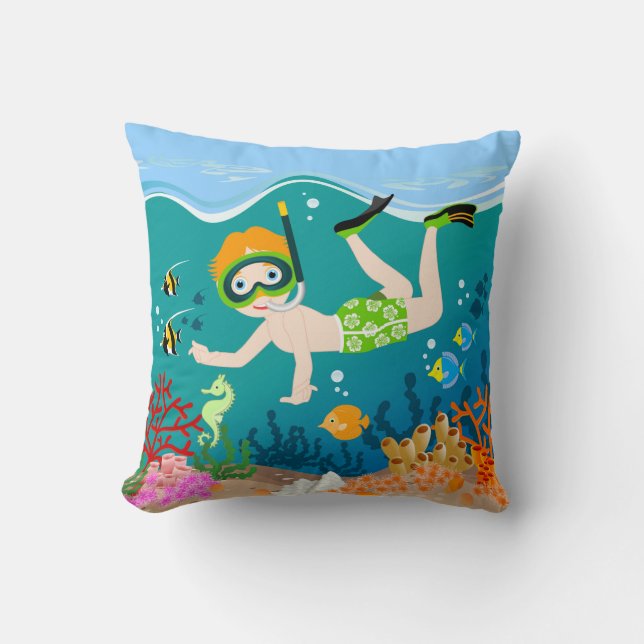 Snorkelling boy under the sea throw pillow (Front)