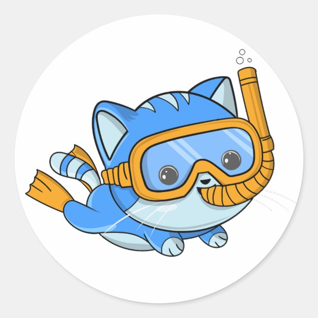 Snorkelling Cute Cat Scuba Diving Kitten Classic Round Sticker (Front)