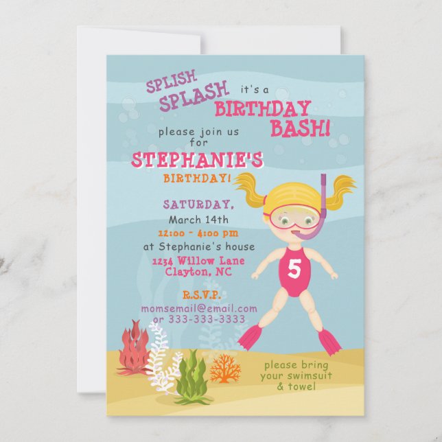Snorkelling Girl Beach Party Invitation (Front)