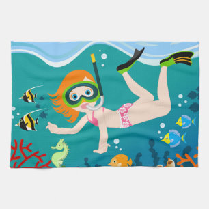 Snorkelling girl under the sea kitchen towel