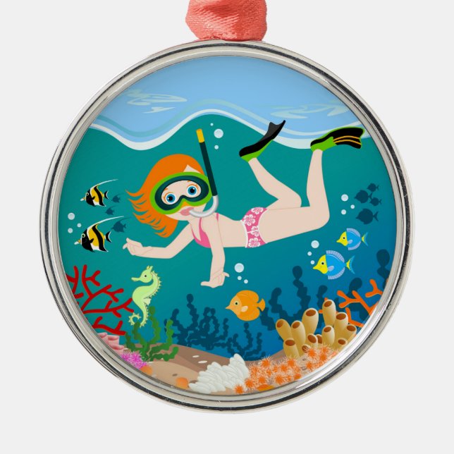 Snorkelling girl under the sea  metal ornament (Front)