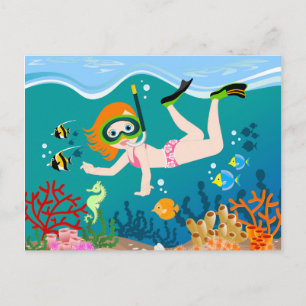 Snorkelling girl under the sea postcard