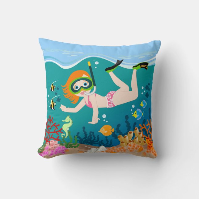 Snorkelling girl under the sea  throw pillow (Front)